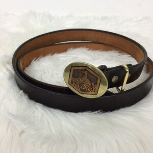 Vintage Harmony Brass Bird Buckle Leather Belt. Made in the USA  Size 54